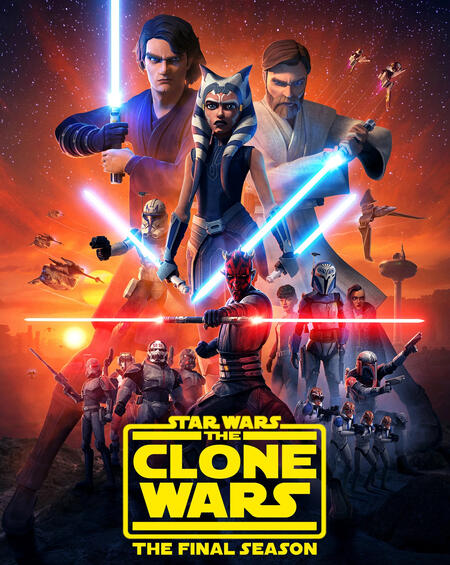 Star Wars: The Clone Wars final season poster, featuring Ahsoka Tano, Anakin Skywalker, Obi-wan Kenobi, and Darth Maul.