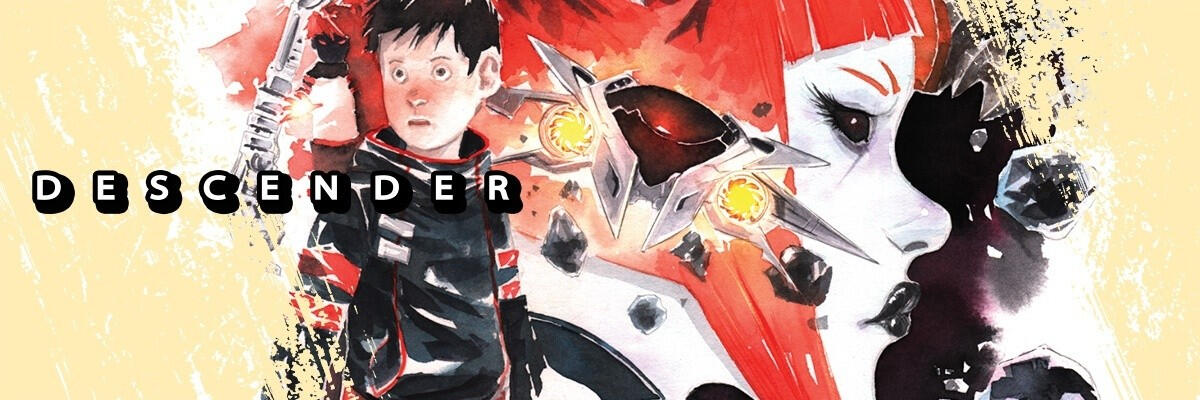 Descender Landscape cover, pictures the main character TIM-21 and Captain Telsa