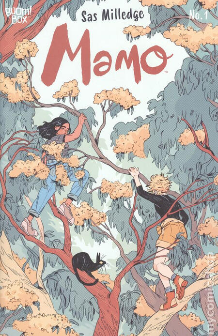 MAMO comic cover, pictures main characters Jo, Orla, and familiar cat Sith climbing a tree.