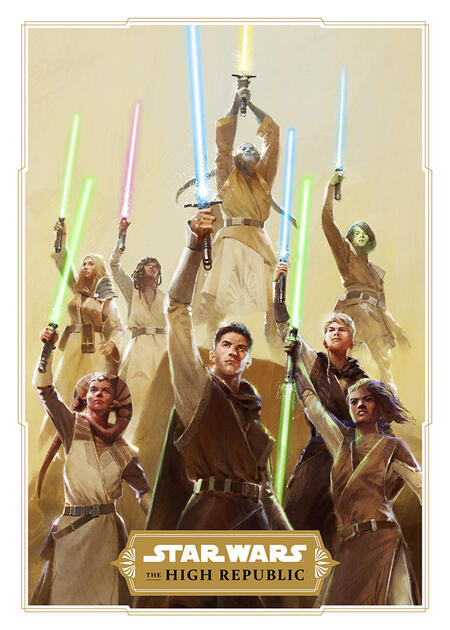 Star Wars: The High Republic poster, featuring Elzar Mann in front holding up his blue lightsaber.