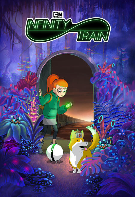 Infinity Train Book 1 cover, featuring Tulip looking at her glowing hand, and Atticus and One-one