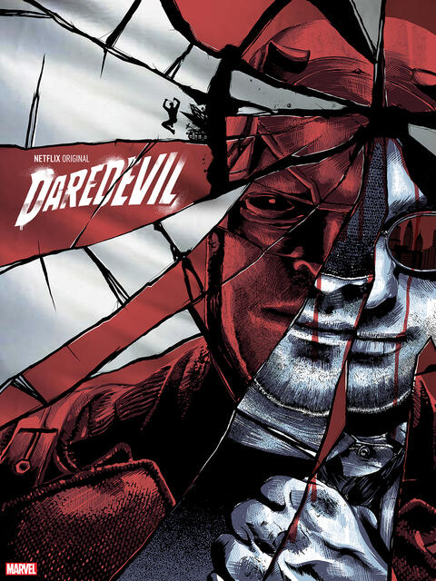 A Daredevil Netflix poster, shattered pieces of glass panning between a bloodied Matt Murdock with his red glasses and Matt in the Daredevil costume.